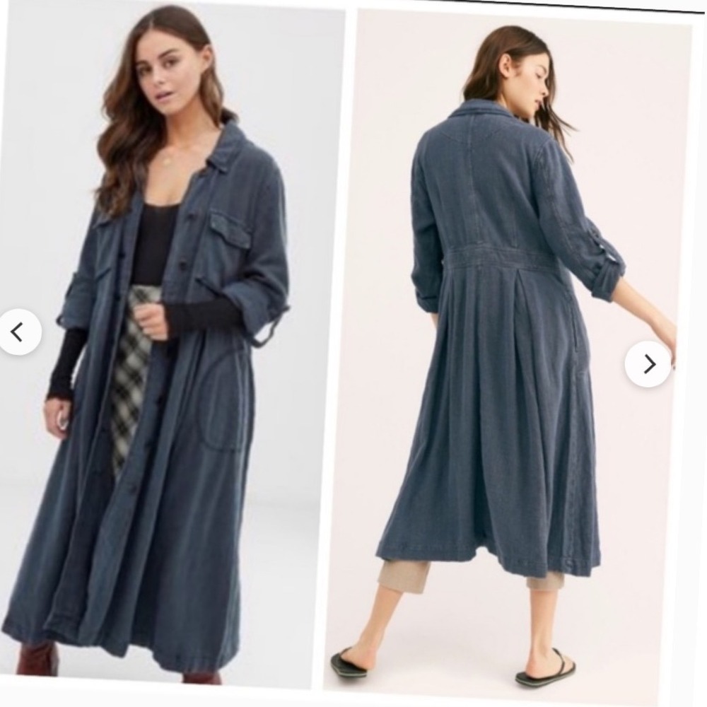 Free People Rainz Duster Trench Coat Maxi‎ Atlantic Blue Linen Blend XS OB901204